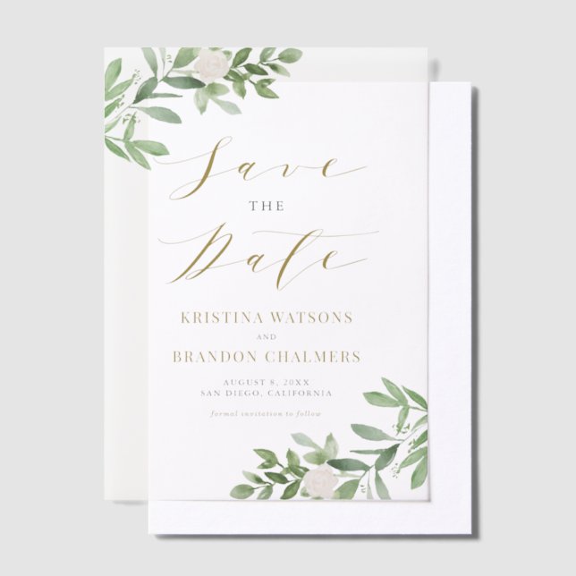 Greenery and White Flowers Gray Save the Date Vellum Invitations (Offset)