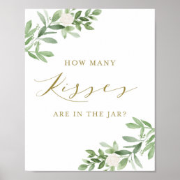 Greenery and White Flowers How Many Kisses Game Poster