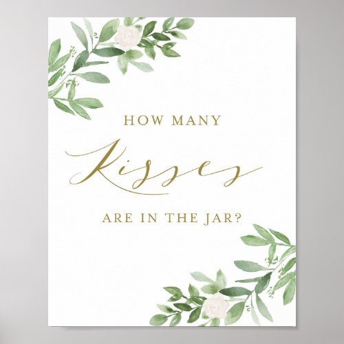 Greenery and White Flowers How Many Kisses Game Poster