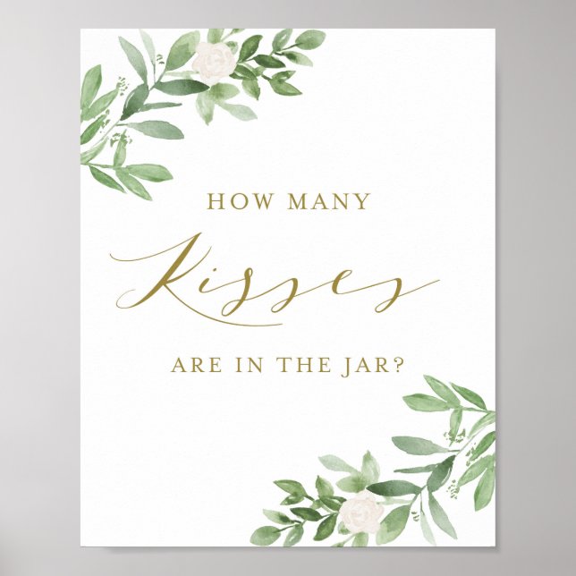 Greenery and White Flowers How Many Kisses Game Poster (Front)