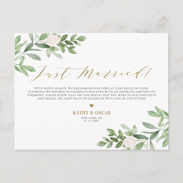 Greenery and White Flowers Just Married Wedding Announcement Postcard (Front)