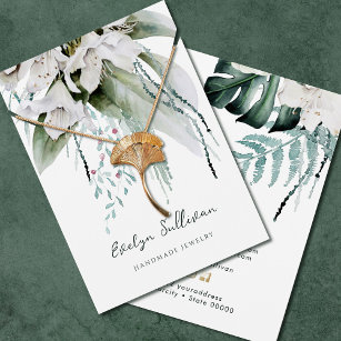 Greenery and white flowers necklace display card