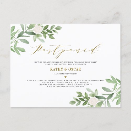 Greenery and White Flowers Photo Postponed Wedding Announcement Postcard