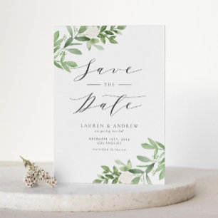 Greenery and White Flowers QR Code Save the Date Announcement Postcard