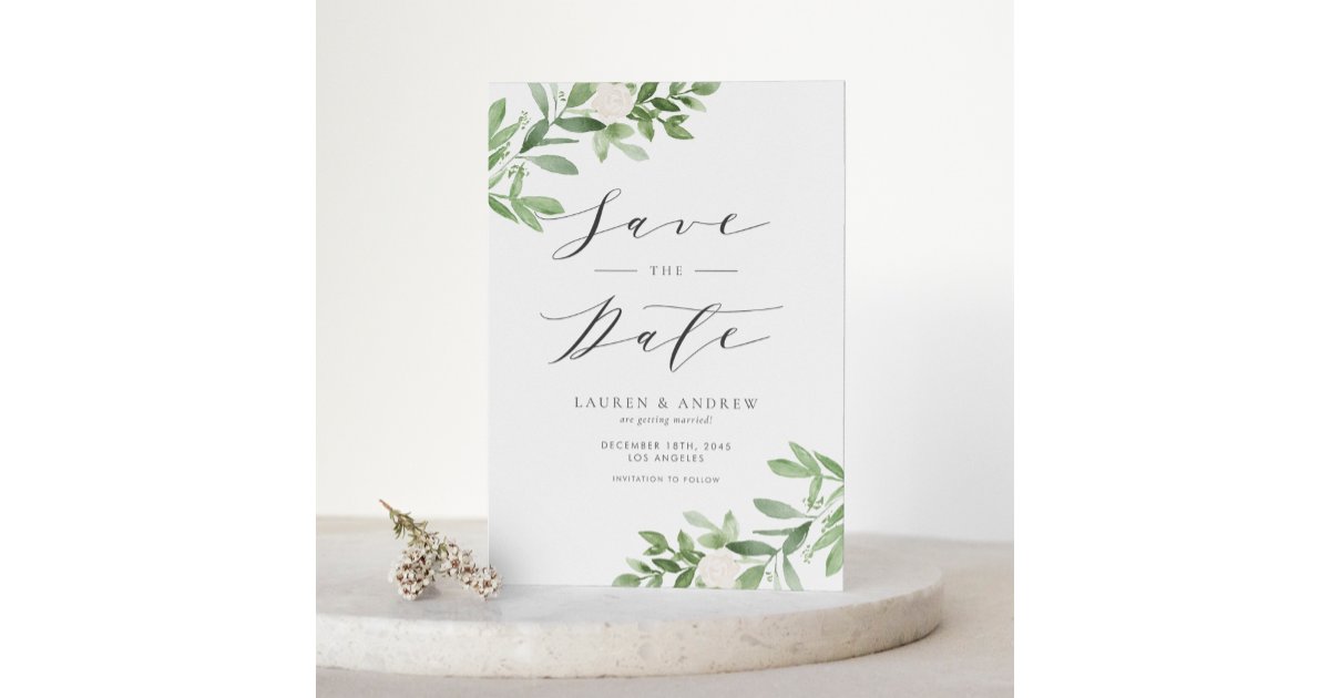 Greenery and White Flowers QR Code Save the Date Announcement Postcard ...