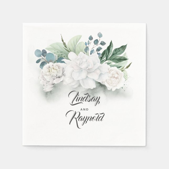 Greenery and White Flowers Romantic Wedding Napkins (Front)