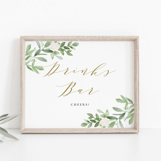 Greenery and White Flowers Wedding Drinks Bar Poster (Creator Uploaded)