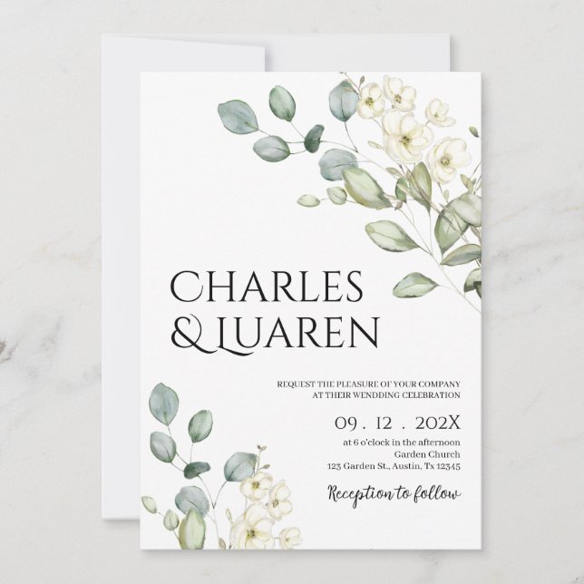 Greenery and white flowers Wedding Invitation (Front)