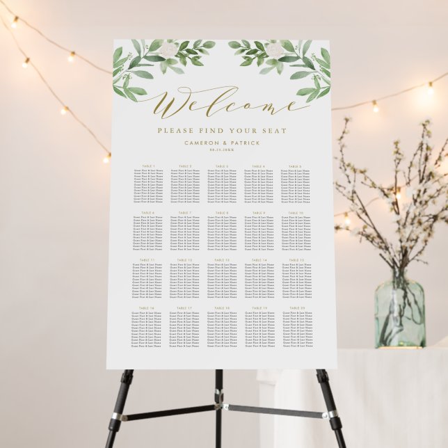 Greenery and White Flowers Wedding Seating Chart Foam Board (In Situ (Stand))