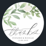 Greenery and White Flowers Wedding Thank You Classic Round Sticker<br><div class="desc">Add a thank you tag to your gifts and favors with these customizable stickers. It features watercolor greenery and white flowers. Personalize by adding your details. This greenery thank you sticker is perfect for weddings,  birthdays,  bridal showers,  baby showers,  and more. Matching items are available.</div>