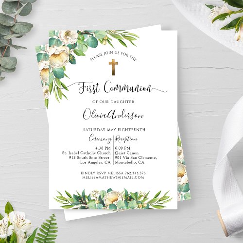 Greenery and White Gold Floral First Communion Invitation