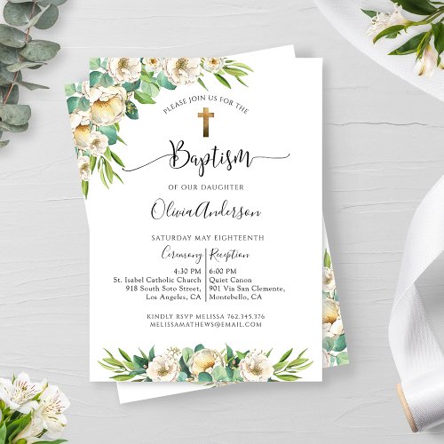 Greenery and White Gold Yellow Floral Baptism Invitation