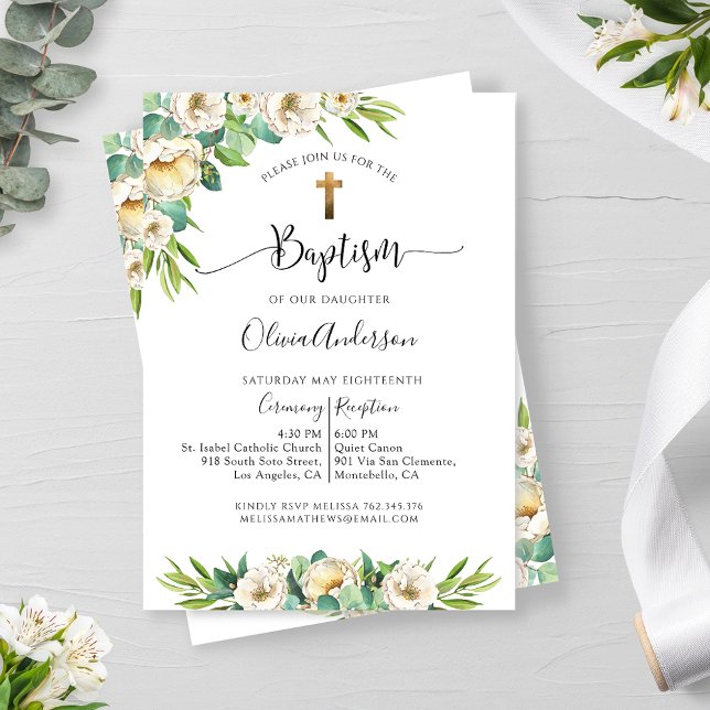 Greenery and White, Gold Yellow Floral Baptism Invitation (Creator Uploaded)