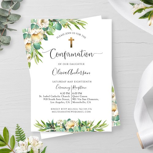 Greenery and White Gold Yellow Floral Confirmation Invitation