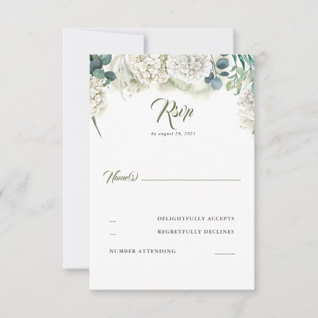 Greenery and White Hydrangea Wedding RSVP (Front)
