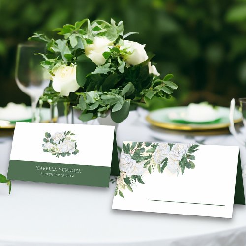 Greenery and White Peony Rose Floral  Place Card