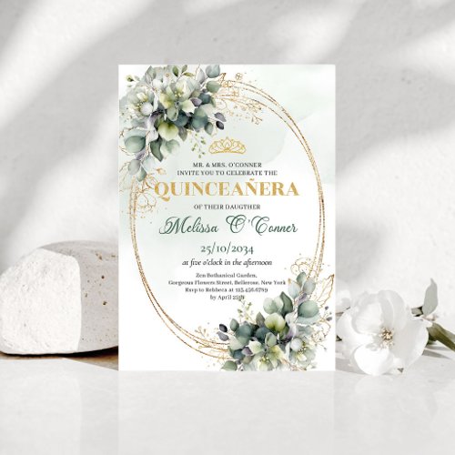 Greenery And White Quinceañera Botanical Invite