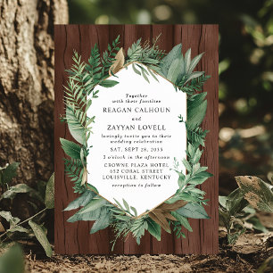 Greenery and Wood Rustic Wreath Wedding Invitation
