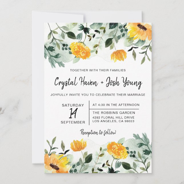 Greenery and Yellow Fall Floral Wedding Invitation (Front)