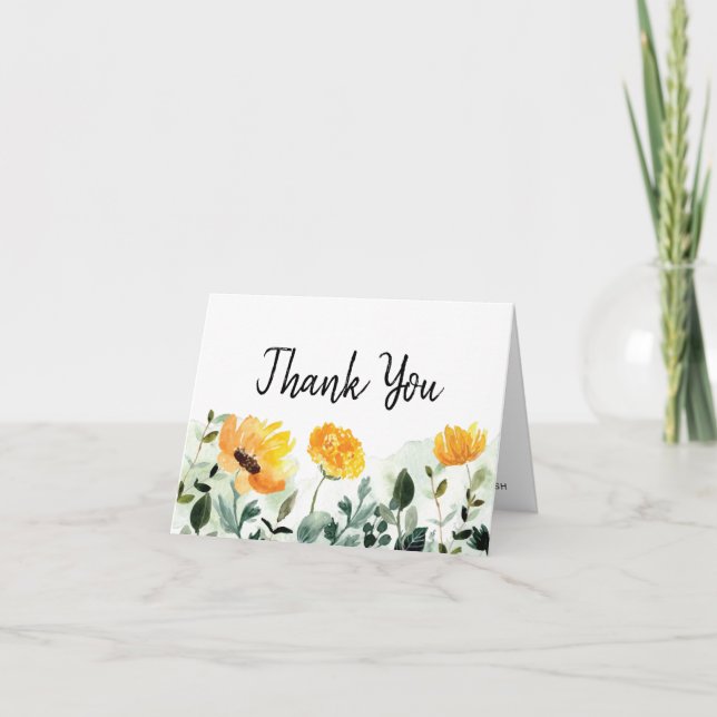 Greenery and Yellow Flowers Fall Floral Wedding Thank You Card (Front)
