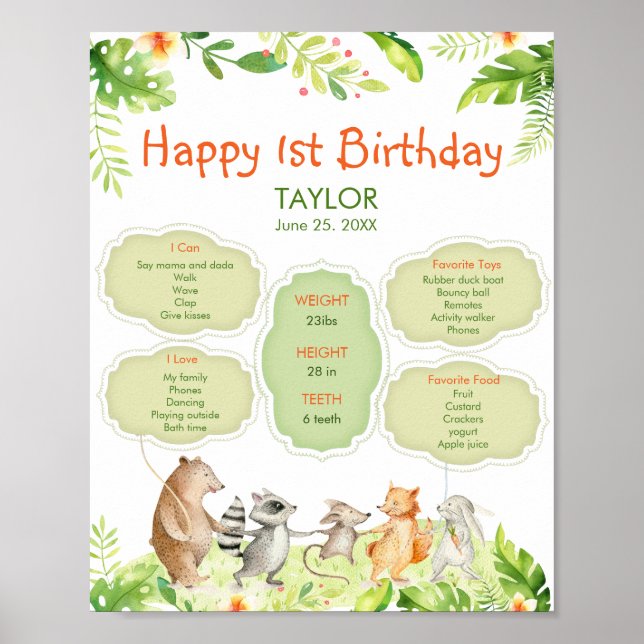 Greenery Animals Friends Party Happy Birthday Poster (Front)