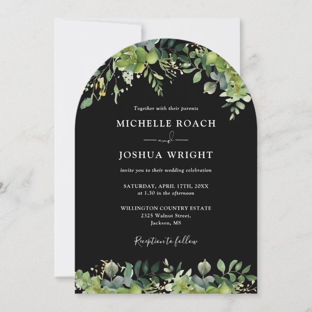 Greenery Arch Black And White Monogram Wedding Invitation (Front)