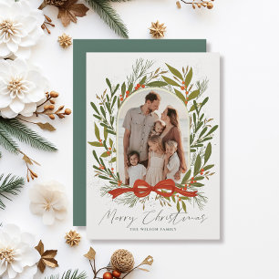 Greenery Arch Bow Cream 2 Photo Christmas Holiday Card