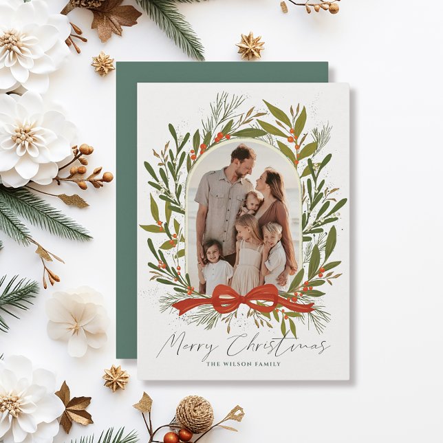 Greenery Arch Bow Cream 2 Photo Christmas Holiday Card (Creator Uploaded)