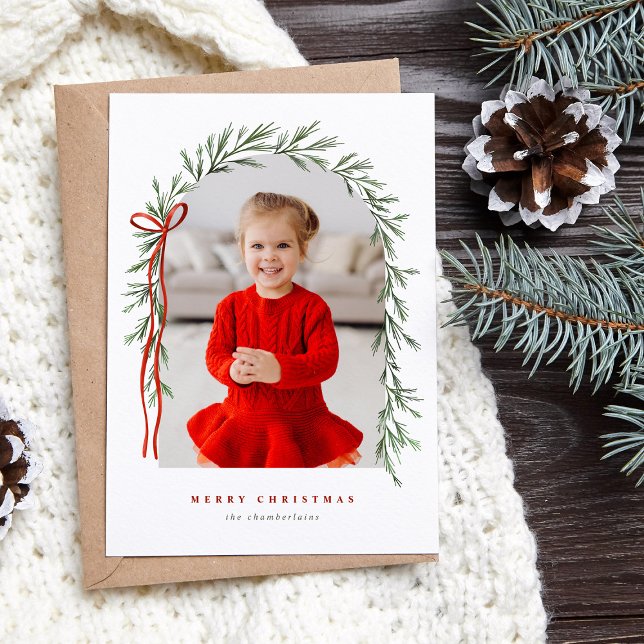 Greenery Arch & Bow Elegant Script Photo Christmas Holiday Card (Creator Uploaded)