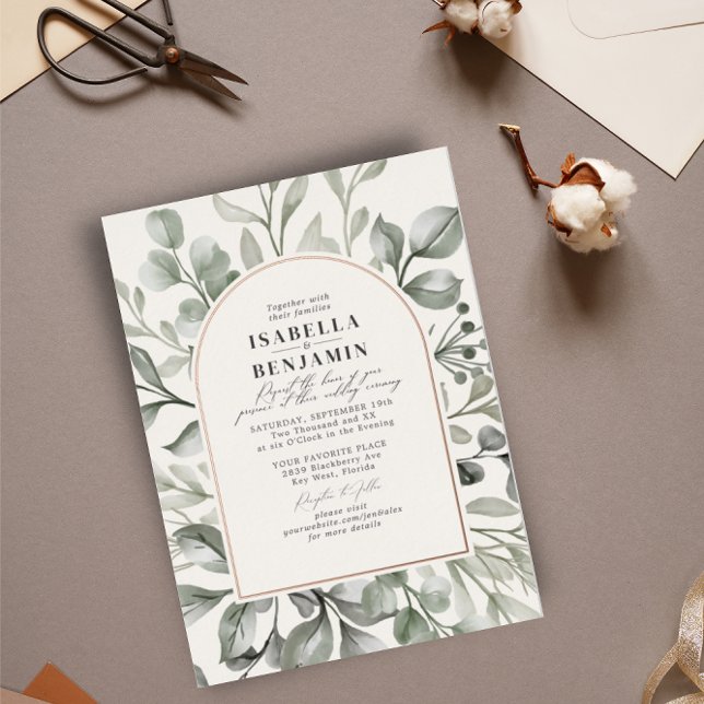 Greenery Arch Eucalyptus Ivory Wedding Rose Gold Foil Invitation (Creator Uploaded)