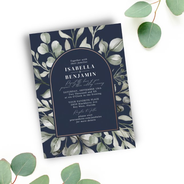 Greenery Arch Eucalyptus Navy Wedding Rose Gold Foil Invitation (Creator Uploaded)