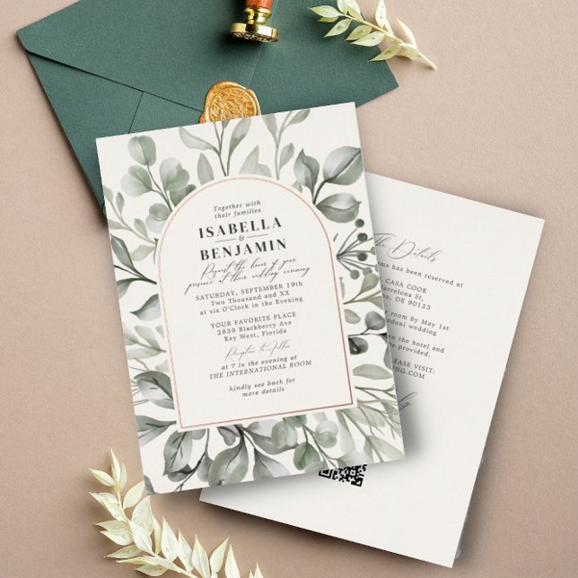 Greenery Arch Ivory RSVP QR Code Wedding Rose Gold Foil Invitation (Creator Uploaded)