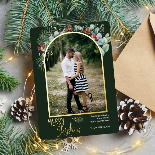Greenery Arch Merry Christmas Photo Forest Green Foil Holiday Card