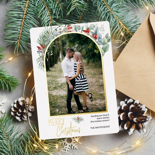Greenery Arch Merry Christmas Photo White Foil Holiday Card