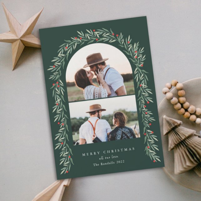 Greenery Arch Modern Script 2 Photo Christmas Holiday Card (Creator Uploaded)