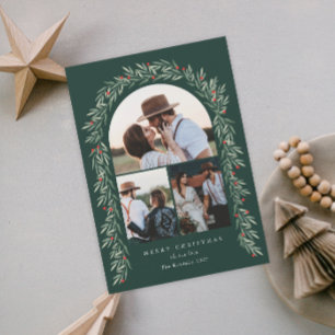 Greenery Arch Modern Script 3 Photo Christmas Holiday Card