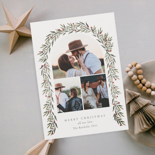 Greenery Arch Modern Script 3 Photo Christmas Holiday Card (Elegant greenery arch 3 photo christmas holiday cards.)