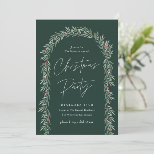Greenery Arch Modern Script Christmas Party Invitation