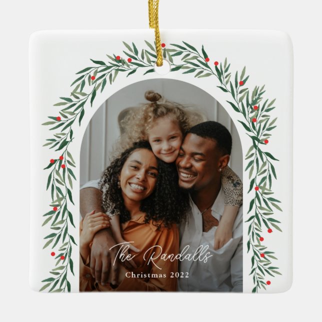 Greenery Arch Modern Script Photo Christmas Ceramic Ornament (Front)