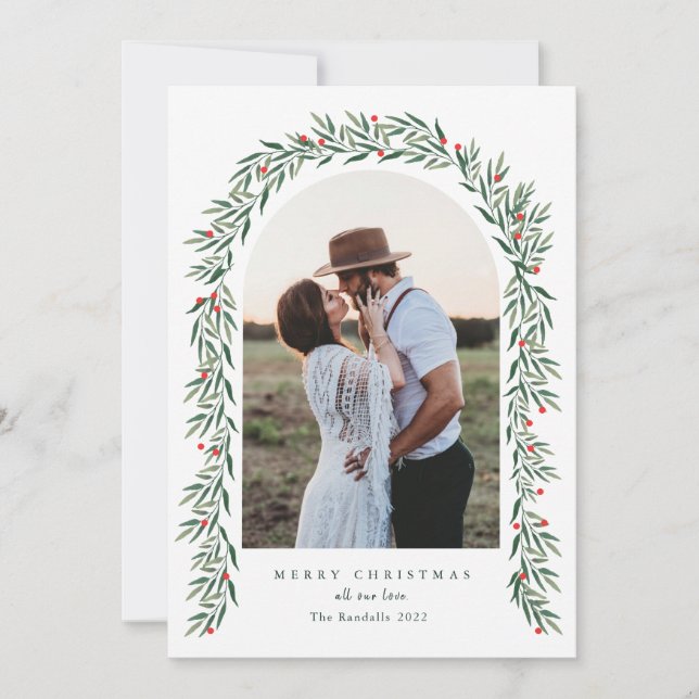 Greenery Arch Modern Script Photo Christmas Holiday Card (Front)