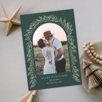 Greenery Arch Modern Script Photo Christmas Holiday Card by stacey_meacham at Zazzle