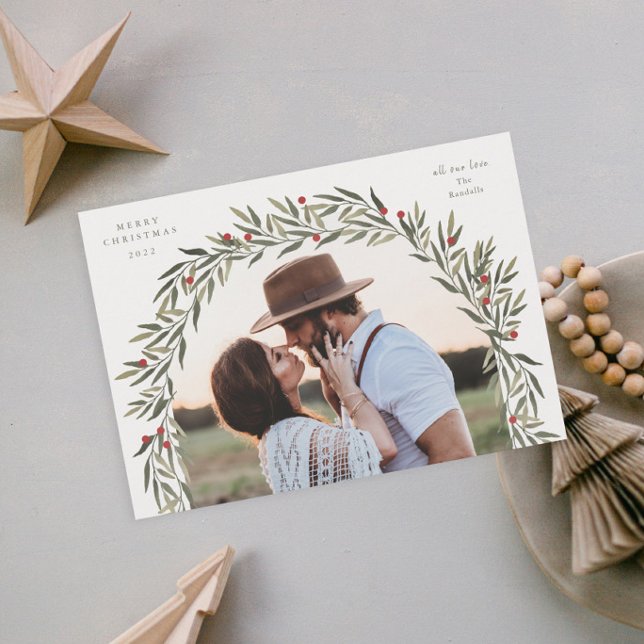 Greenery Arch Modern Script Photo Christmas Holiday Card (Elegant greenery arch photo christmas holiday cards.)