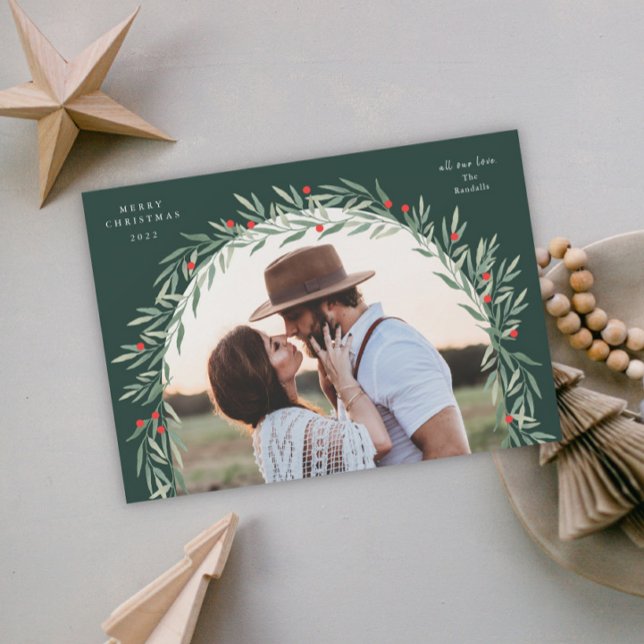Greenery Arch Modern Script Photo Christmas Holiday Card (Creator Uploaded)