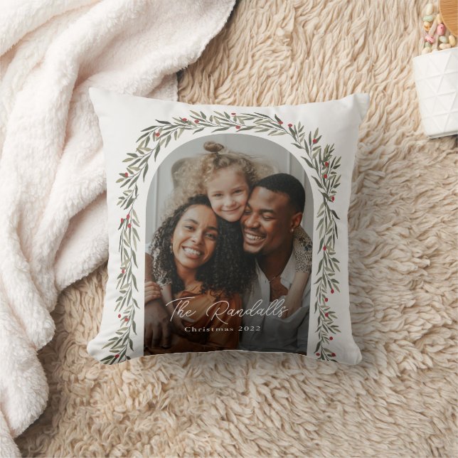 Greenery Arch Modern Script Photo Christmas Throw Pillow (Blanket)