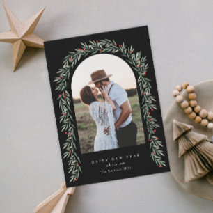 Greenery Arch Modern Script Photo Happy New Year Holiday Card