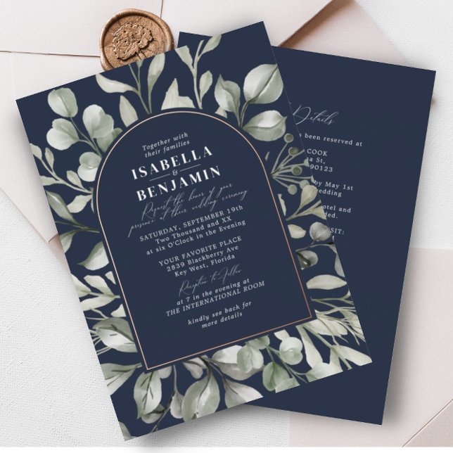 Greenery Arch Navy RSVP QR Code Wedding Rose Gold Foil Invitation (Creator Uploaded)