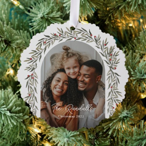 Greenery Arch Script Photo Christmas Holiday Ornament Card