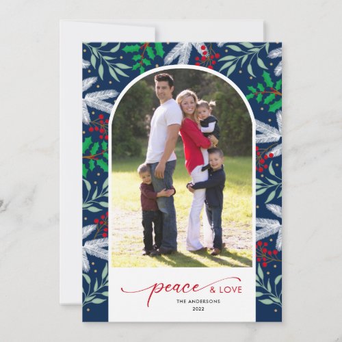 Greenery Arched Photo Blue Peace  Love Holiday Card