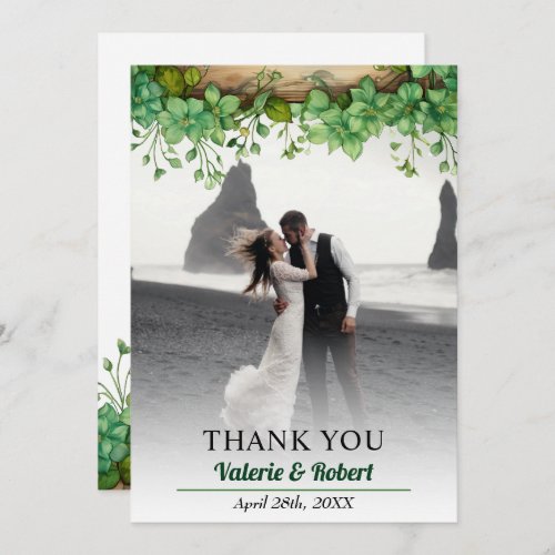 Greenery arrangement and photo spring wedding thank you card