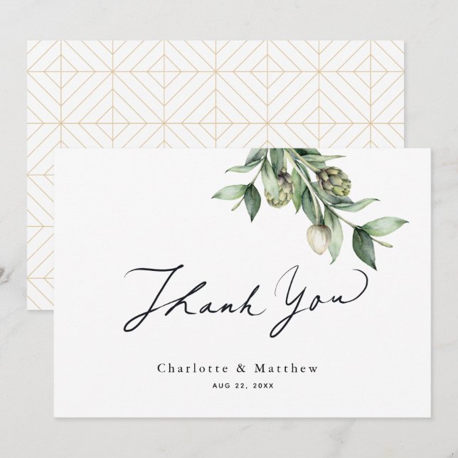 Greenery & Artichokes Watercolor Wedding Thank You Card (Front/Back)